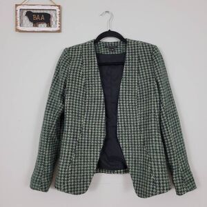 Theory Yaisa Wool Mohair Silk Open‎ Front Blazer Sz S Houndstooth Black Green